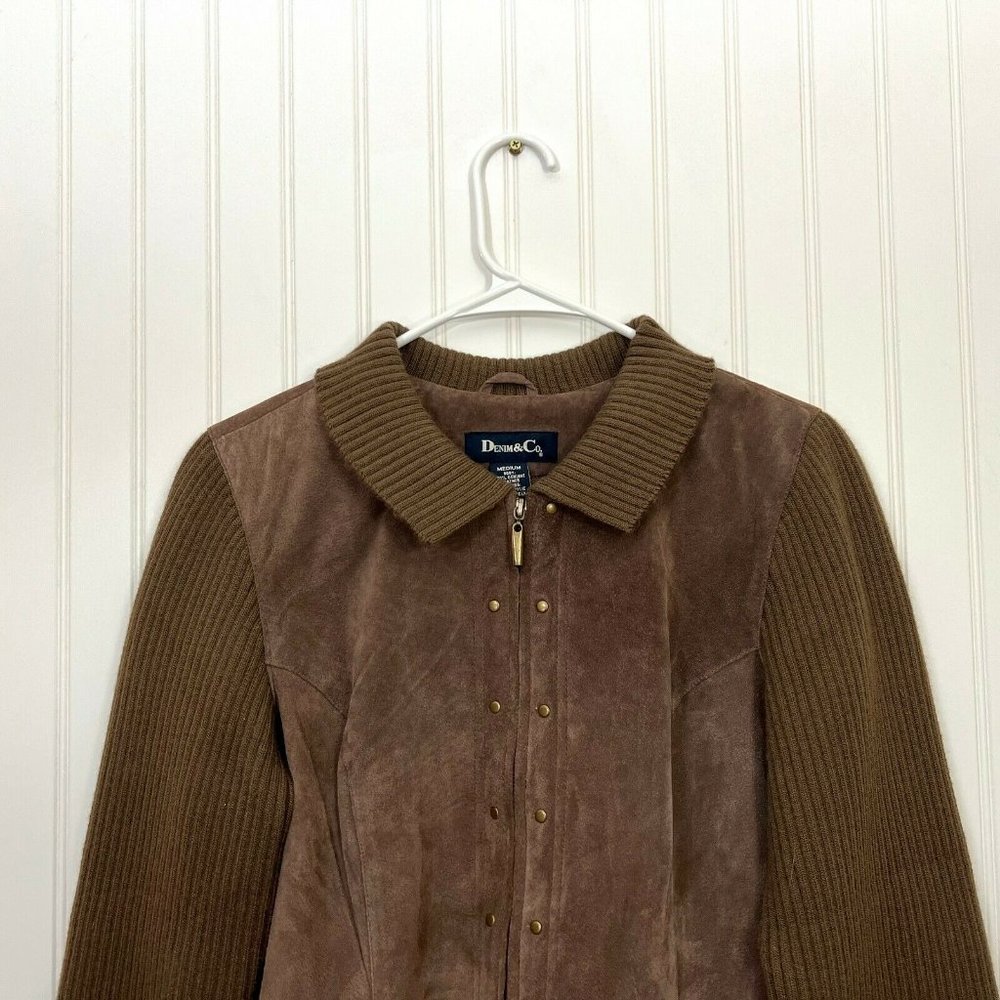 Denim & Co Suede Knit Sleeve Jacket Collared Fully Lined Zip Front Brown M. - Picture 2 of 6